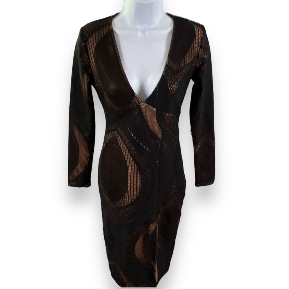 L’ATISTE By Amy Black Lace Nude Body Con Side Zip Up Dress With Slit Size Small